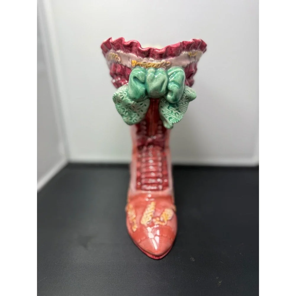 Victorian ceramic Boot Vase Pink‎ Floral Planter Home Decor 8